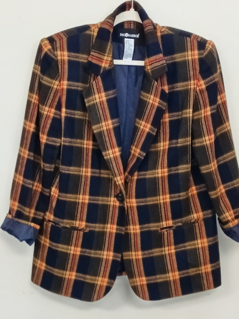Vintage Sag Harbor Wool Blend Navy Yellow Plaid Tailored Blazer Women's 12